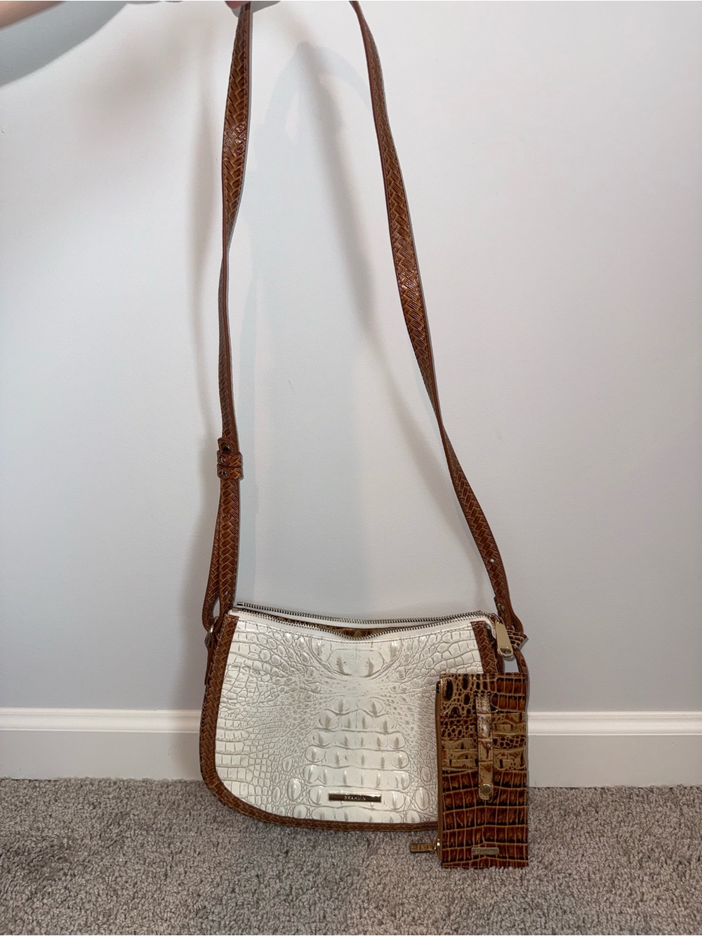 Brahmin Two-Tone Croc-Embossed Crossbody in Cream and Brown